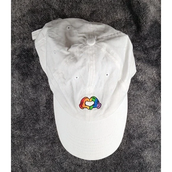 Disney Parks Rainbow Heart Hands Baseball Cap White Adjustable Strap Cotton - Picture 2 of 8